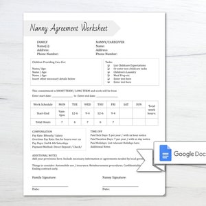 Foglio di lavoro per contratto di tata / Contratto di tata / Contratto di tata / Pianificatore di tata / Modello modificabile / Download immediato / Stampabile
