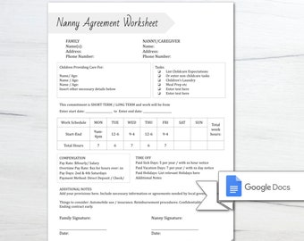 May include: A printable Nanny Agreement Worksheet with sections for family information, caregiver information, tasks, work schedule, compensation, time off, and additional notes. The worksheet includes a section for family and nanny signatures and dates.