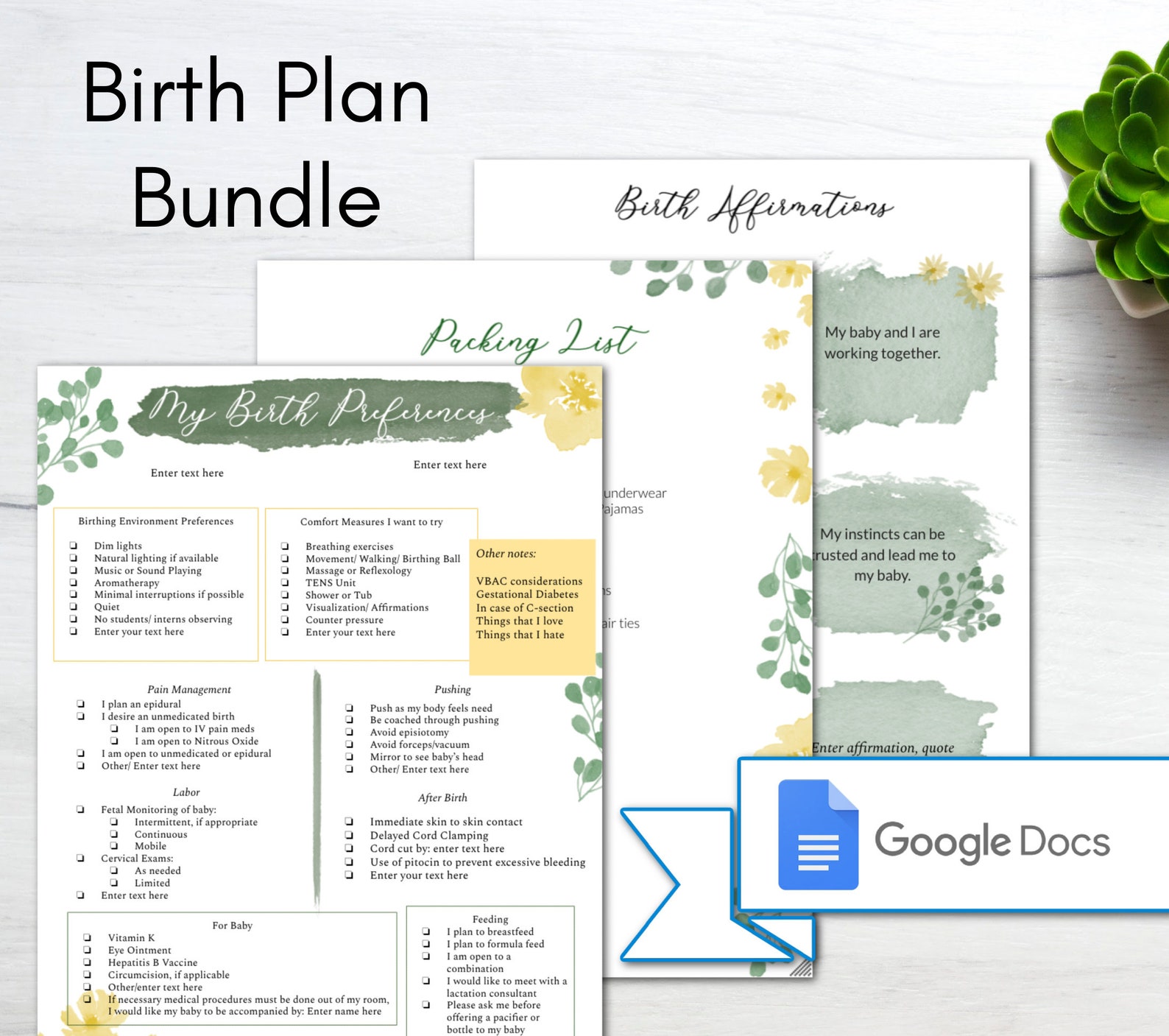 Editable Birth Preferences/ Birth Plan Template/ Birth Affirmations ...