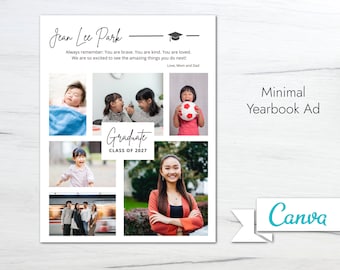 Plantilla de anuncio de anuario, anuncio mínimo de anuario de último año, plantilla de Canva editable, anuncio de graduación, escuela secundaria, collage de fotos, graduación de página completa