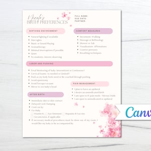 Birth Preference/ Birth Plan Template/ Editable Birth Plan/ Printable/ Canva Birth Plan/ Hospital Birth Plan/ Natural Birth Plan/ Doula