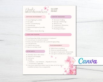 Preferencia de parto/ Plantilla de plan de parto/ Plan de parto editable/ Imprimible/ Plan de parto Canva/ Plan de parto hospitalario/ Plan de parto natural/ Doula
