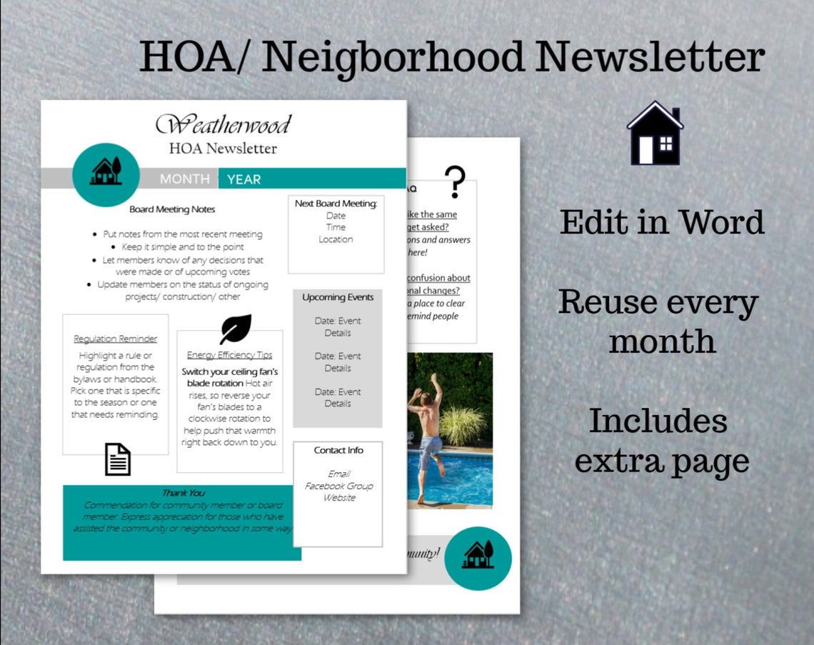 hoa-newsletter-neighborhood-newsletter-editable-newsletter-etsy