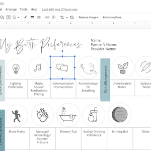 May include: A printable visual birth plan checklist with sections for birth environment, comfort measures, and pain management. The checklist includes icons for lighting, music, communication, aromatherapy, unmedicated notes, epidural notes, moving freely, massage, shower, eating, birthing ball, and other.