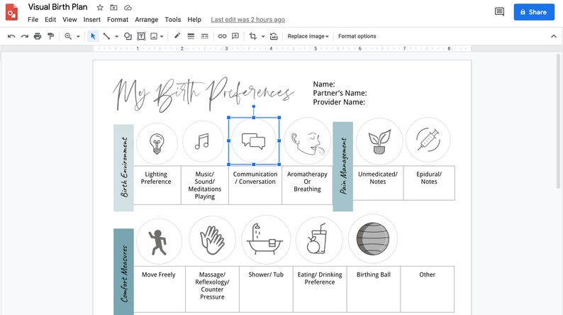 May include: A printable visual birth plan checklist with sections for birth environment, comfort measures, and pain management. The checklist includes icons for lighting, music, communication, aromatherapy, unmedicated notes, epidural notes, moving freely, massage, shower, eating, birthing ball, and other.