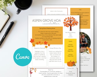 Boletín de HOA Otoño/ Boletín de vecindario/ Plantilla de boletín editable/ Boletín de Canva/ Boletín de inicio/ Asociación de propietarios de viviendas
