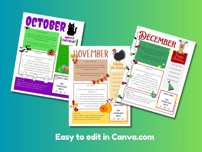Fun Monthly Newsletter Bundle/ Full Year Editable Newsletter Template ...