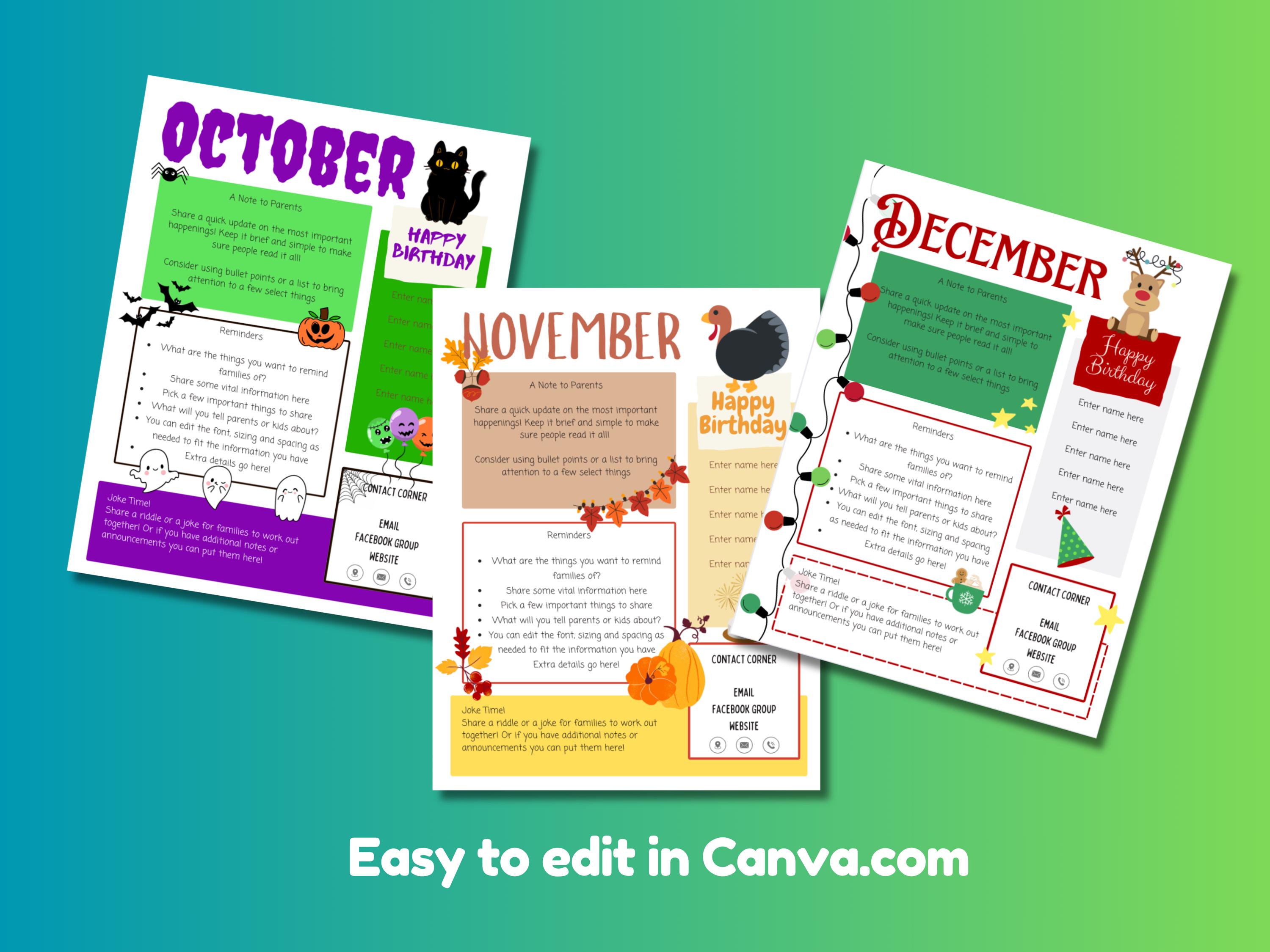 Fun Monthly Newsletter Bundle/ Full Year Editable Newsletter Template ...