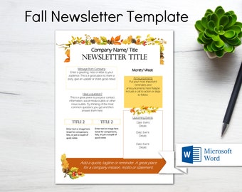 Editable Newsletter Template/ MS Word Newsletter Template/ Business Newsletter/ Fall Newsletter/ Newsletter Word/ School Newsletter