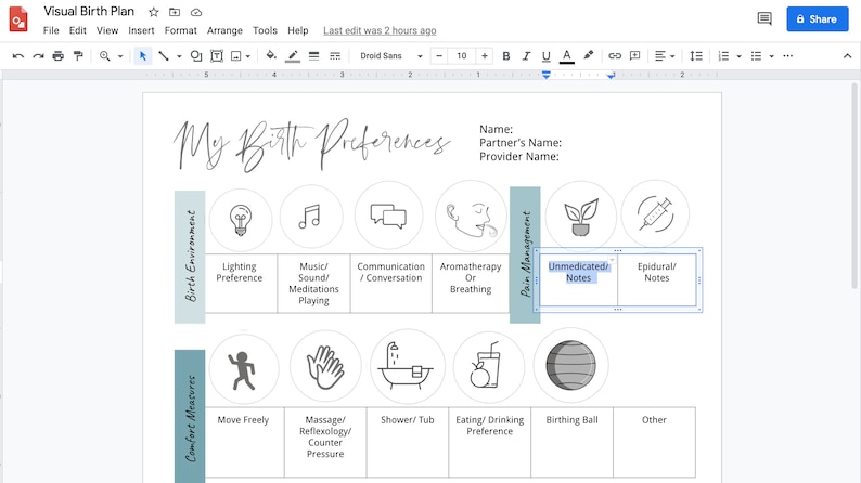 May include: A printable visual birth plan with sections for birth environment, comfort measures, and pain management. The plan includes icons for lighting preferences, music, communication, aromatherapy, unmedicated notes, epidural notes, moving freely, massage, shower, eating and drinking preferences, and birthing ball.