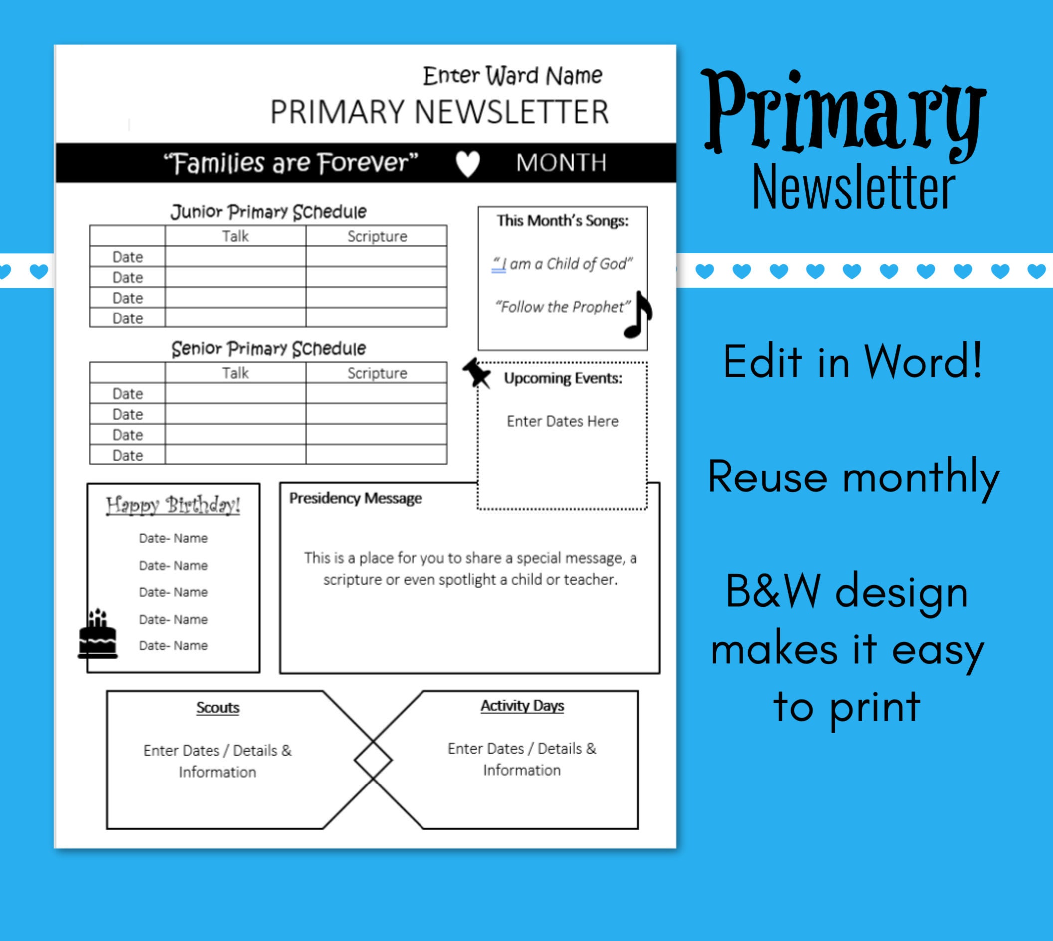 Lds Primary Newsletter Editable Newsletter Template Church Etsy