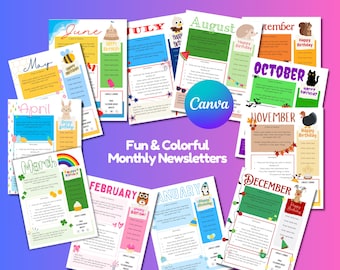 Paquete de boletines informativos mensuales divertidos/Plantilla de boletín informativo editable para todo el año/Boletín informativo de Canva/Preescolar/Aula/Guardería/Escuela