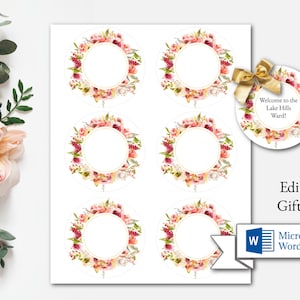 May include: Six printable gift tags with a floral design. Each tag has a circle in the center for writing a name. The tags are editable in Microsoft Word. The text on the tag says "Welcome to the Lake Hills Ward!"