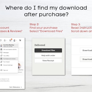 Peut inclure: Une capture d'&eacute;cran montrant les &eacute;tapes &agrave; suivre pour trouver votre t&eacute;l&eacute;chargement num&eacute;rique apr&egrave;s avoir achet&eacute; un produit sur Etsy. Les &eacute;tapes sont&nbsp;: 1. Acc&eacute;dez &agrave; votre compte et s&eacute;lectionnez &laquo;&nbsp;Achats et &eacute;valuations&nbsp;&raquo;. 2. Trouvez votre achat et s&eacute;lectionnez &laquo;&nbsp;T&eacute;l&eacute;charger les fichiers&nbsp;&raquo;. 3. Lisez les instructions et faites d&eacute;filer vers le bas jusqu'au bouton &laquo;&nbsp;T&eacute;l&eacute;charger&nbsp;&raquo;.