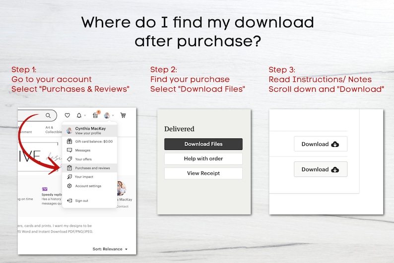 Peut inclure: Une capture d'&eacute;cran montrant les &eacute;tapes &agrave; suivre pour trouver votre t&eacute;l&eacute;chargement num&eacute;rique apr&egrave;s avoir achet&eacute; un produit sur Etsy. Les &eacute;tapes sont&nbsp;: 1. Acc&eacute;dez &agrave; votre compte et s&eacute;lectionnez &laquo;&nbsp;Achats et &eacute;valuations&nbsp;&raquo;. 2. Trouvez votre achat et s&eacute;lectionnez &laquo;&nbsp;T&eacute;l&eacute;charger les fichiers&nbsp;&raquo;. 3. Lisez les instructions et faites d&eacute;filer vers le bas jusqu'au bouton &laquo;&nbsp;T&eacute;l&eacute;charger&nbsp;&raquo;.
