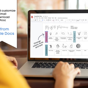 May include: A laptop screen displaying a customizable birth preferences chart with categories such as lighting, music, communication, aromatherapy, and more. The chart is titled "My Birth Preferences".