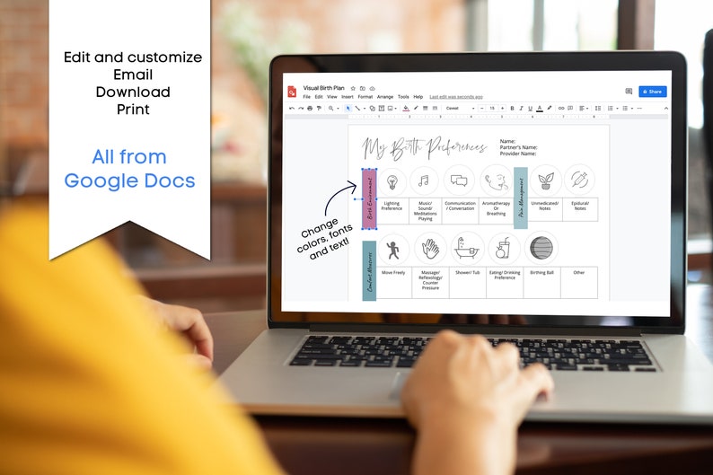 May include: A laptop screen displaying a customizable birth preferences chart with categories such as lighting, music, communication, aromatherapy, and more. The chart is titled "My Birth Preferences".