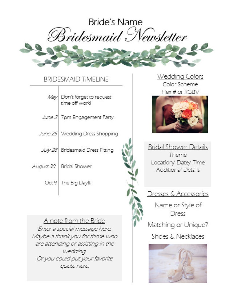 Wedding Newsletter / Bridesmaid Newsletter/ Editable Etsy