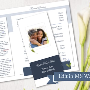 May include: A blue and white funeral program template with a floral design. The template includes sections for a biography, funeral services, and hymns. The text "Edit in MS Word" is at the bottom of the page.