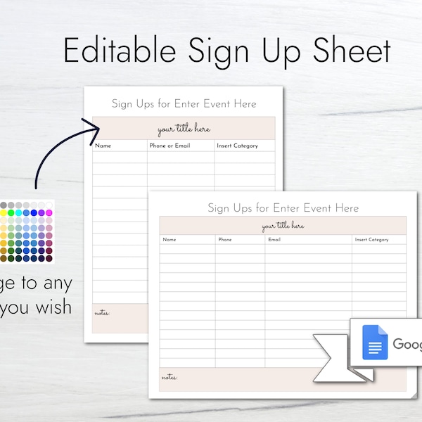 Editable Sign Up Sheet Template / Printable Sign up form / Sign In Sheet / Horizontal and Vertical Sign Up/ Google Docs/ Email Phone Sign Up