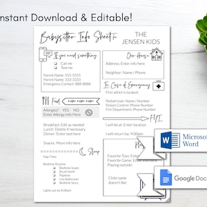 Babysitter Information Sheet/ Babysitter Checklist/ Editable Template/  Nanny Notes/ Emergency Information Sheet/ Instant Download/Printable