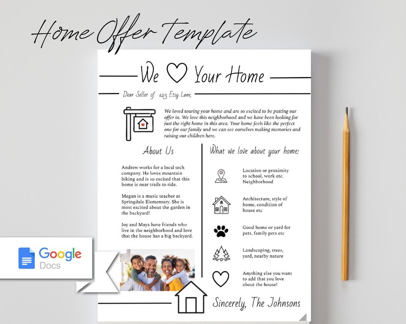 May include: Black and white illustration of a home offer template with a heart and the text "We love your home". The template includes information about the sellers and what they love about the home.