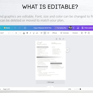 May include: A screenshot of a Canva design template for a birth plan. The template is titled "Simple First & Sample" and includes sections for labor, delivery, and postpartum care. The text is editable and can be customized to fit the user's needs.