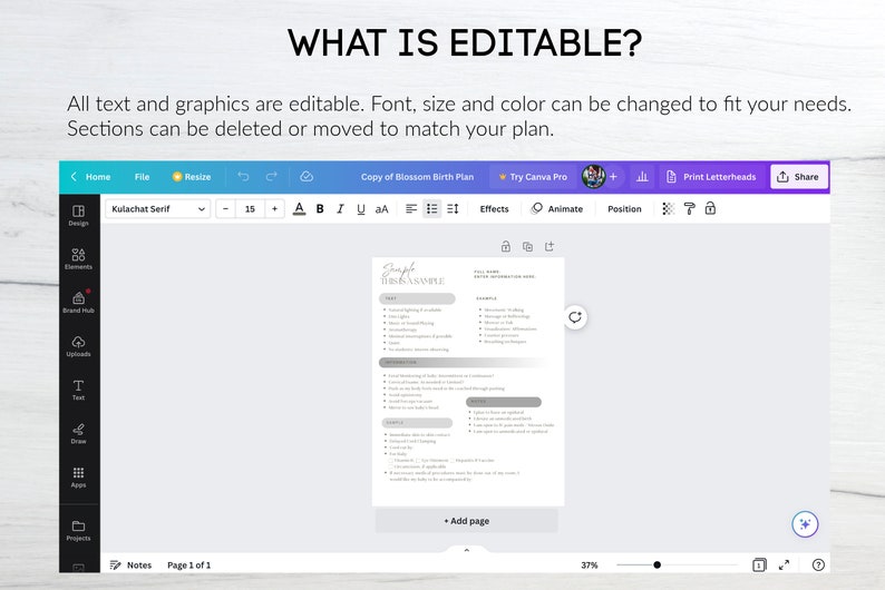 May include: A screenshot of a Canva design template for a birth plan. The template is titled "Simple First & Sample" and includes sections for labor, delivery, and postpartum care. The text is editable and can be customized to fit the user's needs.