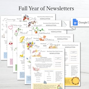 Full Year Newsletter Template Bundle/ 12 Monthly Newsletters/ Editable in Google Docs/ Seasonal Newsletters/ Relief Society Newsletter