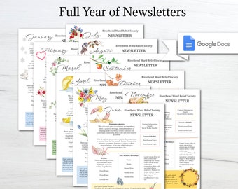 Full Year Newsletter Template Bundle/ 12 Monthly Newsletters/ Editable in Google Docs/ Seasonal Newsletters/ Relief Society Newsletter