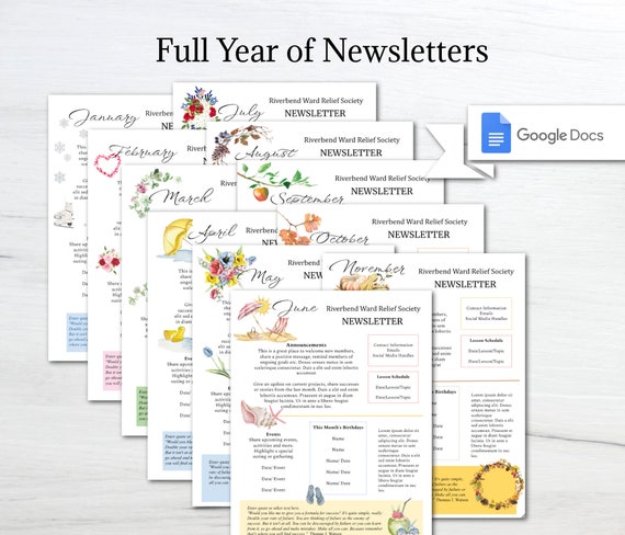 Full Year Newsletter Template Bundle/ 12 Monthly Newsletters/ Editable in Google Docs/ Seasonal Newsletters/ Relief Society Newsletter
