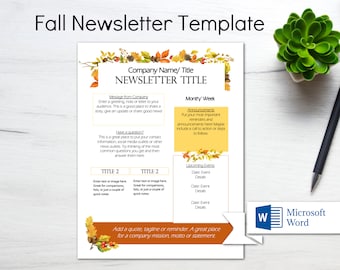 Editable Newsletter Template/ MS Word Newsletter Template/ Business Newsletter/ Fall Newsletter/ Newsletter Word/ School Newsletter