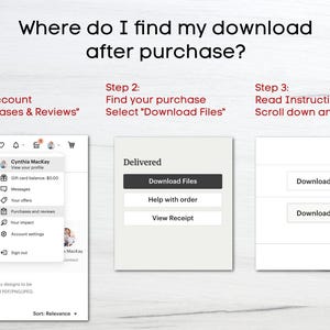 May include: A guide showing how to find a digital download after purchase. The steps are shown in a three-panel layout with text and screenshots. The text includes "Purchases & Reviews" and "Download Files".