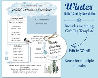 Könnte beinhalten: Eine druckbare Winter-Ausgabe des Relief Society Newsletters mit passendem Geschenkanhänger. Der Newsletter enthält Abschnitte für Veranstaltungen, Ankündigungen, Geburtstage und ein Zitat. Der Geschenkanhänger zeigt ein Schneeflocken-Design und den Text "Happy Birthday - Robinswood Relief Society".