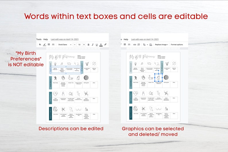 May include: A digital worksheet with the title "My Birth Preferences" in a blue box. The worksheet is divided into sections with icons and text. The text in the boxes and cells is editable, but the title is not. The worksheet is designed to help people identify their birth preferences.