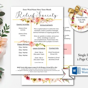 May include: A printable Relief Society schedule template with a floral design. The template includes sections for events, activities, announcements, lesson schedule, and contact information. The text "Welcome to the Lake Hills Ward!" is in a circle with a floral design.