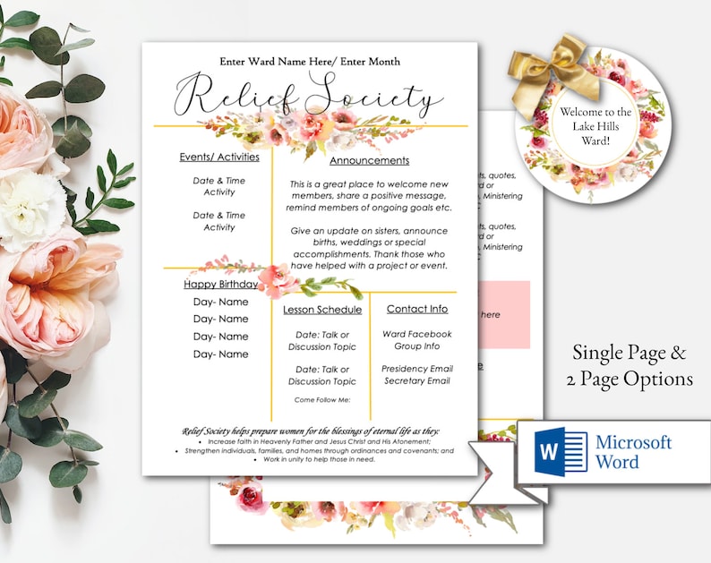 May include: A printable Relief Society schedule template with a floral design. The template includes sections for events, activities, announcements, lesson schedule, and contact information. The text "Welcome to the Lake Hills Ward!" is in a circle with a floral design.