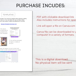 May include: A digital download purchase includes a PDF with a clickable link to a Canva template. The Canva file can be downloaded to your computer in a variety of formats. This is a digital download, no physical item will be sent.