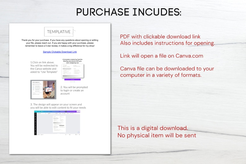 May include: A digital download purchase includes a PDF with a clickable link to a Canva template. The Canva file can be downloaded to your computer in a variety of formats. This is a digital download, no physical item will be sent.