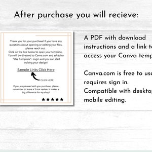May include: A white and beige text box with a black border. The text box contains information about a Canva template, including instructions on how to access and edit the template. The text box also includes a link to sample links. The text box is on a white background with a wood grain texture.