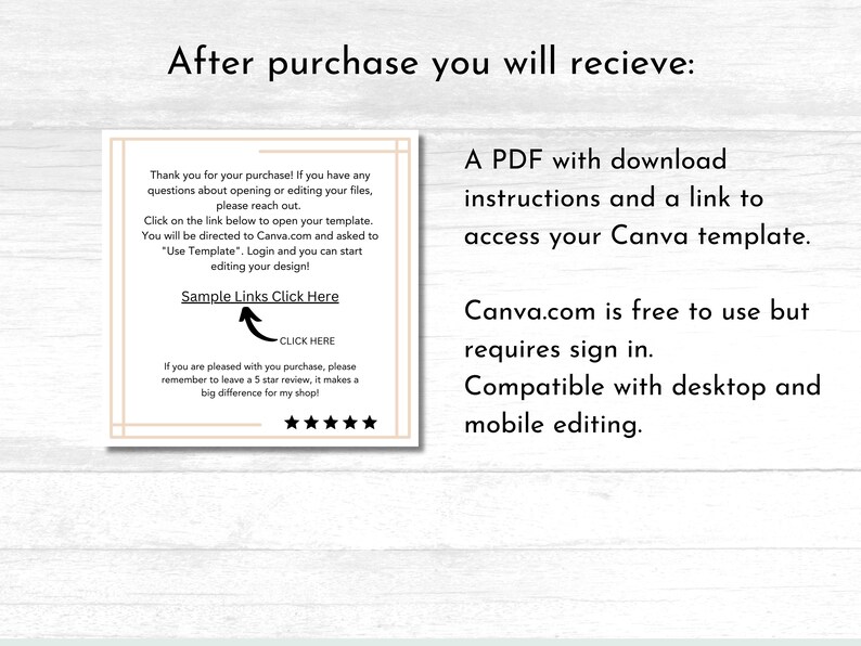 May include: A white and beige text box with a black border. The text box contains information about a Canva template, including instructions on how to access and edit the template. The text box also includes a link to sample links. The text box is on a white background with a wood grain texture.