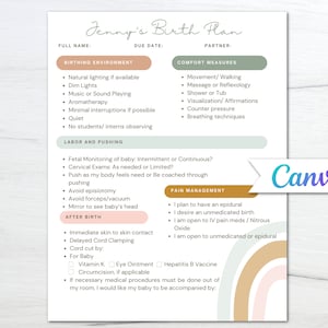 Birth Preference/ Boho Birth Plan Template/ Editable Birth Plan/ Printable/ Canva Birth Plan/ Hospital Birth Plan/ Natural Birth Plan/ Doula