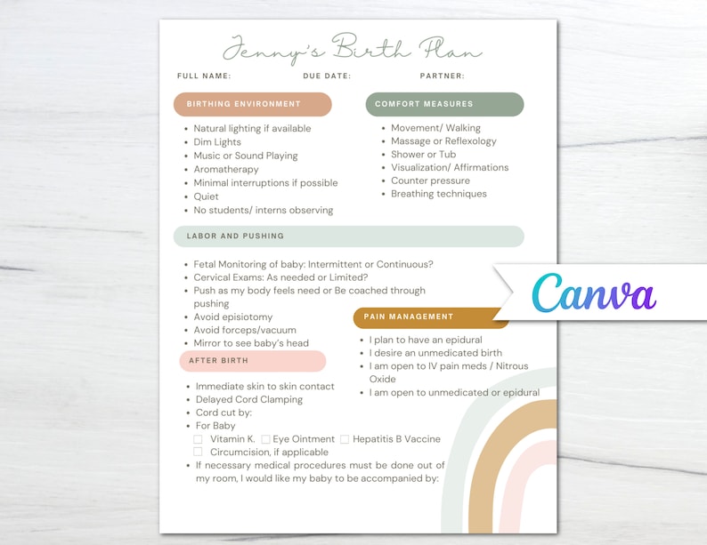 May include: A printable birth plan template with a light green and peach color scheme. The document includes sections for birthing environment, labor and pushing, pain management, and after birth. The document also includes a section for comfort measures and a section for the partner's name. The document is titled "Jenny's Birth Plan".