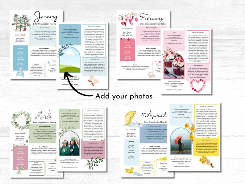 May include: Four printable newsletter templates for a community organization. Each template features a different month of the year with a corresponding illustration: January with a snowy forest, February with red cupcakes, March with a green wreath, and April with a yellow umbrella. Each template includes sections for announcements, events, community news, and contact information.
