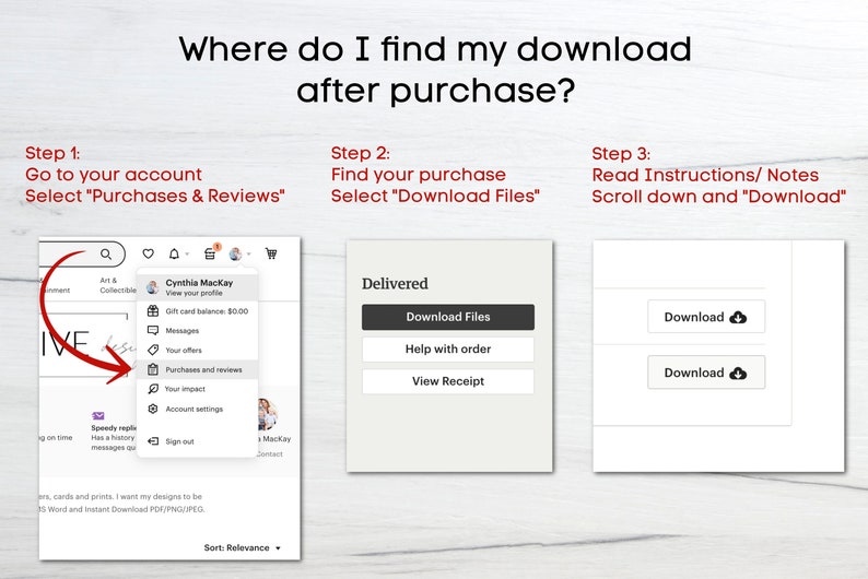 May include: A screenshot of a computer screen showing how to find digital downloads after purchasing an item online. The steps are listed in three columns: Step 1: Go to your account, Select "Purchases & Reviews"; Step 2: Find your purchase, Select "Download Files"; Step 3: Read Instructions/Notes, Scroll down and "Download".