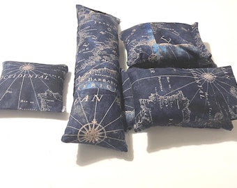 Coussin chauffant vintage bleu et or, rempli de billes, utilisable au micro-ondes