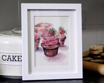 Strawberry Chocolate Cupcakes Watercolour / Home Kitchen and Dining Decor / Foodie Gift - 300gsm Fine Art Print