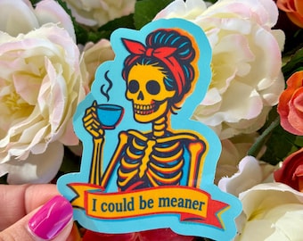 I Could be Meaner Retro Skeleton Sticker, Dark Humor Tired Mom Decal