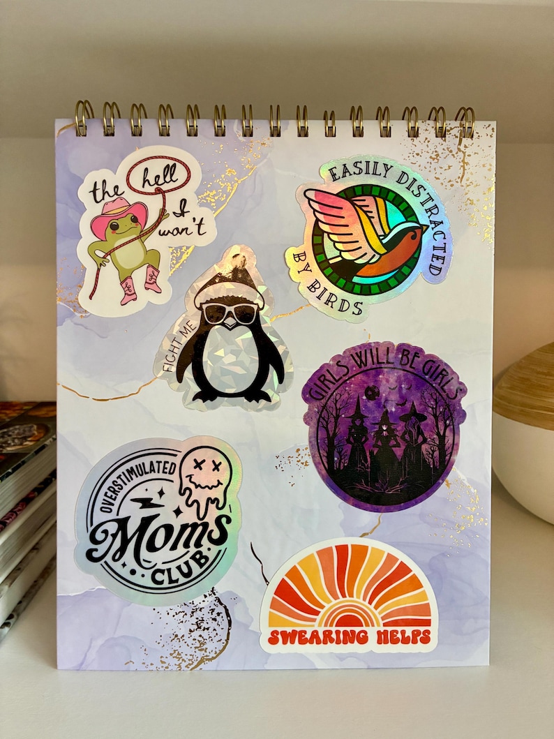 Op de afbeelding: Een spiraalgebonden notitieboek met een lichtpaarse en witte gemarmerde kaft, voorzien van zes stickers: een kikker met een roze cowboyhoed, een vogel, een pingu&iuml;n met zonnebril, drie heksen in een bos, een smeltende smiley en een zonsondergang.