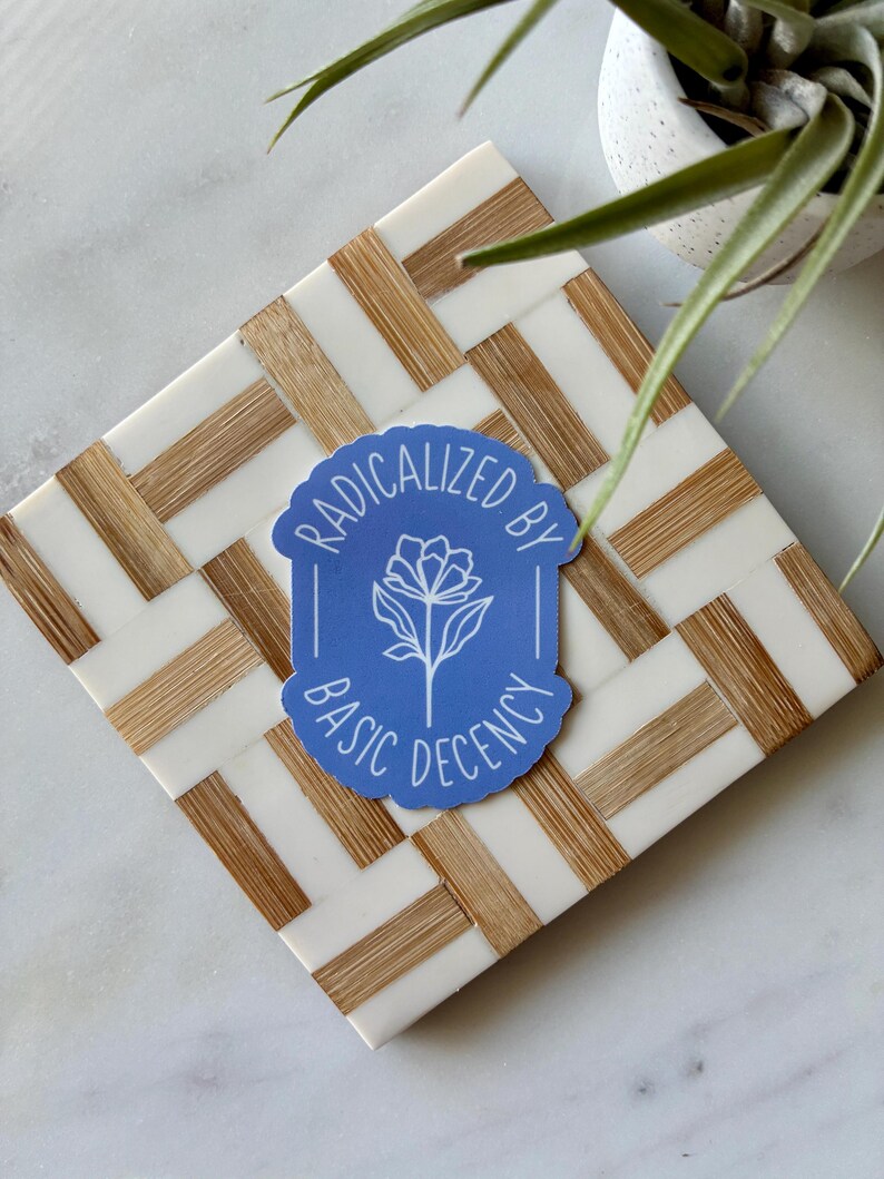Radicalized by Basic Decency Handmade Sticker White